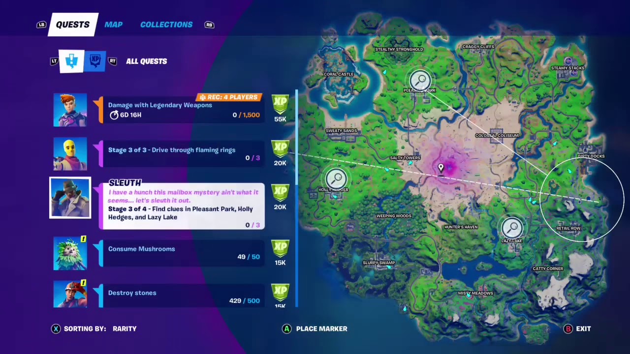 Find clues in Pleasant Park, Holly Hedges, and Lazy Lake. Sleuth