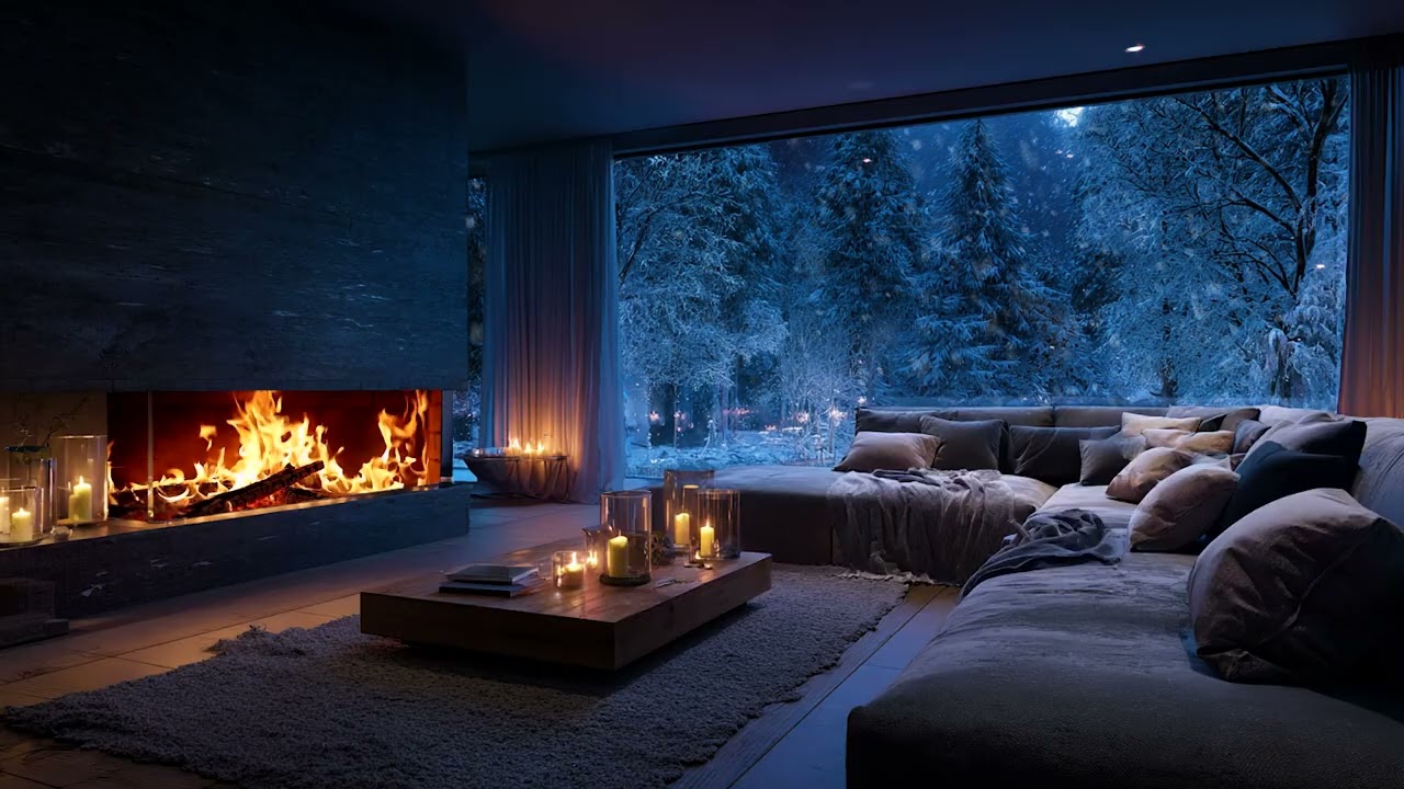 Cozy Winter Night – Fireplace Crackling and Snowfall Sounds for Deep Sleep & Christmas Relaxation