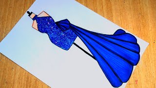 رسم فستان سهرة أزرق سهل جدا للمبتدئين 💎/ رسم فساتين / رسم سهل / تصميم الأزياء drawing dress