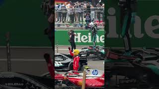 Chinese Shanghai F1 GP Finish & Podium From Main Grandstand. Kimi Antonelli, George Russell & Lewis