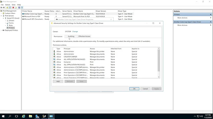 How to configure printer security Microsoft server