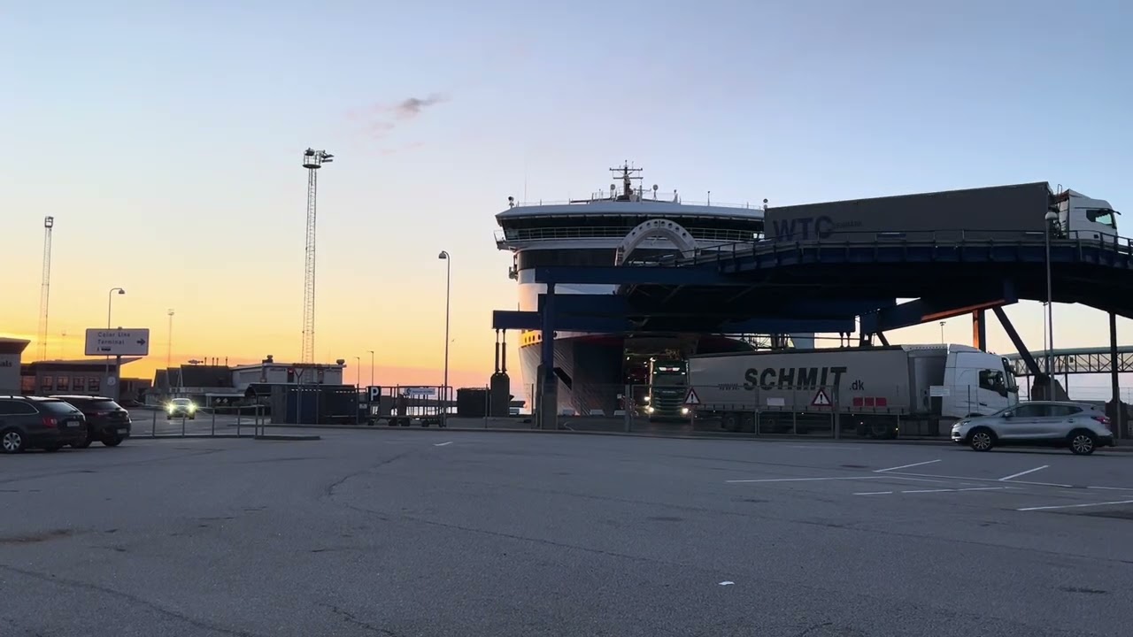 Trucks disembark Color Line arriving Hirtshals from Larvik.