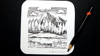 Into the Woods - Drawing Mini Landscape with Black Pen #2 - by Vamos