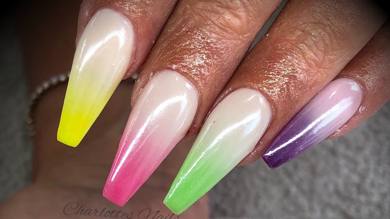 Acrylic Nails Neon To White Ombre With White Chrome Pigment