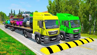 Flatbed Trailer Truck Potholes Transport Car Portal Trap Rescue - Cars vs Speed Bumps - BeamNG.drive screenshot 1