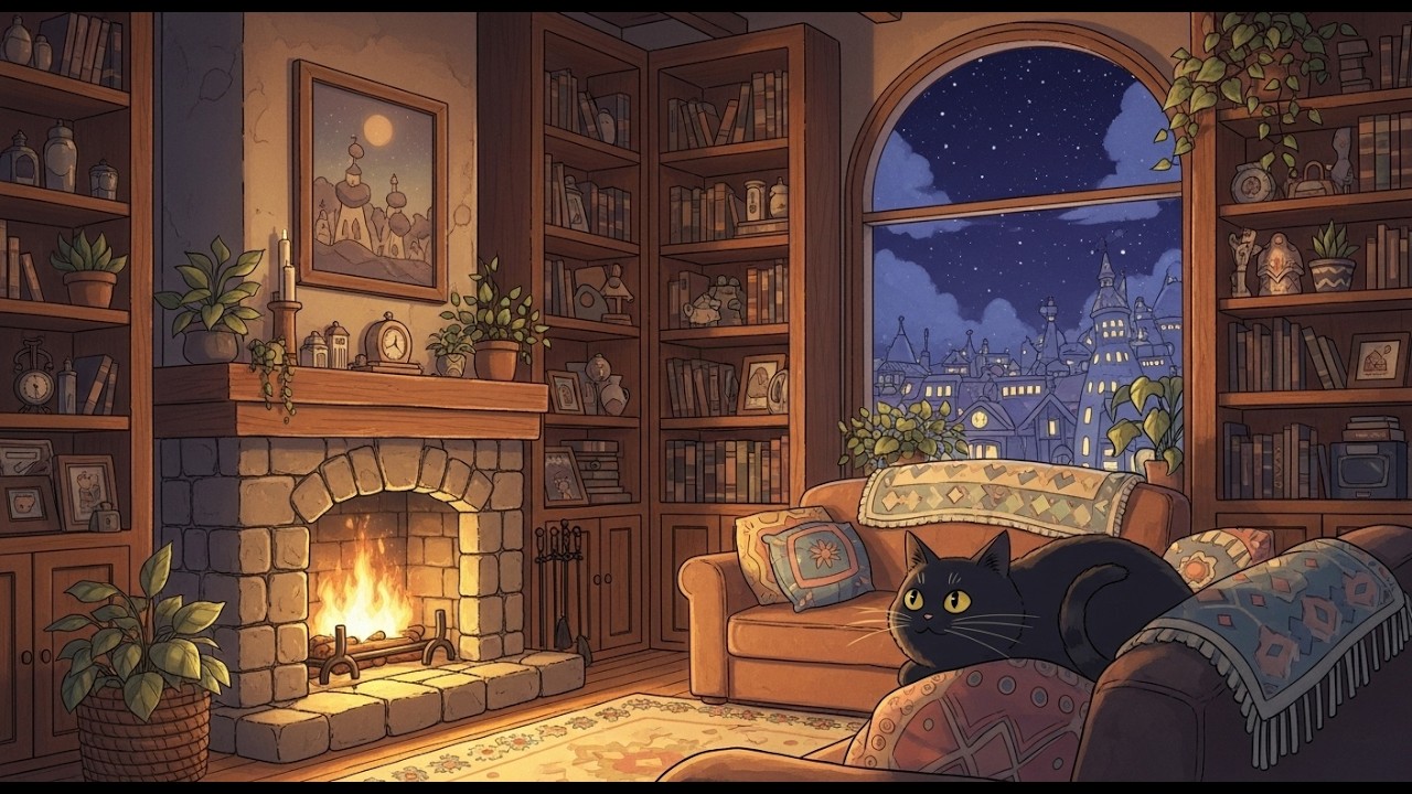 Cozy Rainy Evening by the Fireplace 🐾 Relaxing Lofi Music for Study, Reading & Sleep