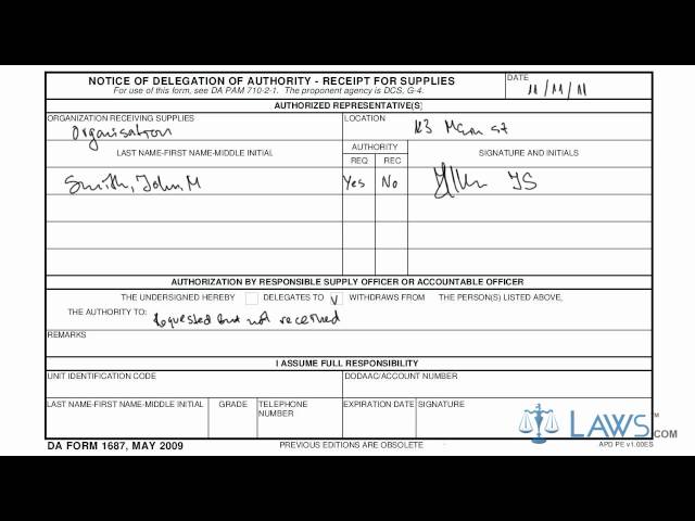 Learn How to Fill the DA form 1687 Notice of Delegation of Authority Receipt for Supplies - YouTube Learn How to Fill the DA form 1687 Notice of Delegation of Authority Receipt for Supplies - YouTube