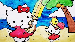 Hello Kitty Plays the Guitar on the Beach Coloring Pages  Best Coloring Book Channel for Kids