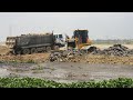 Technique Back Landfill Skills Operator Wheel Loader Bulldozer Pushing Rock Lake Filling Up Project