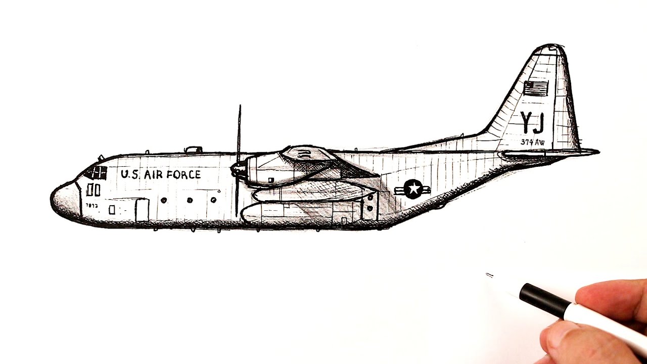 How to draw a Military transport aircraft Lockheed C-130 Hercules - YouTube