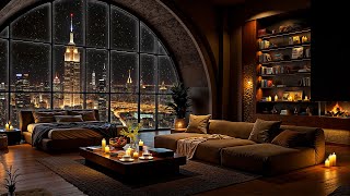 Cozy Apartment in New York ❄ Snowy Night with Elegant Jazz Saxophone & Fireplace Sounds for Sleeping