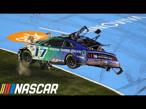 Daniel Suárez wrecks, collects Chris Buescher who flips down the front stretch