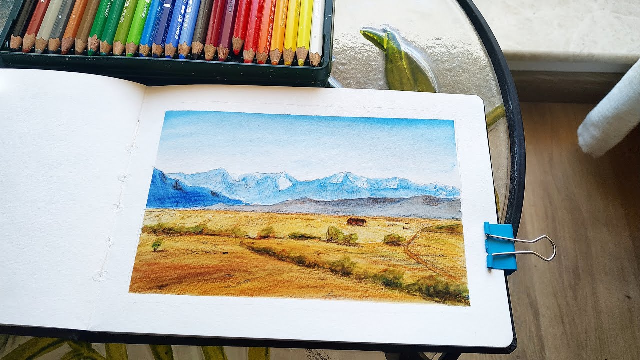 How to draw landscape with watercolor pencils