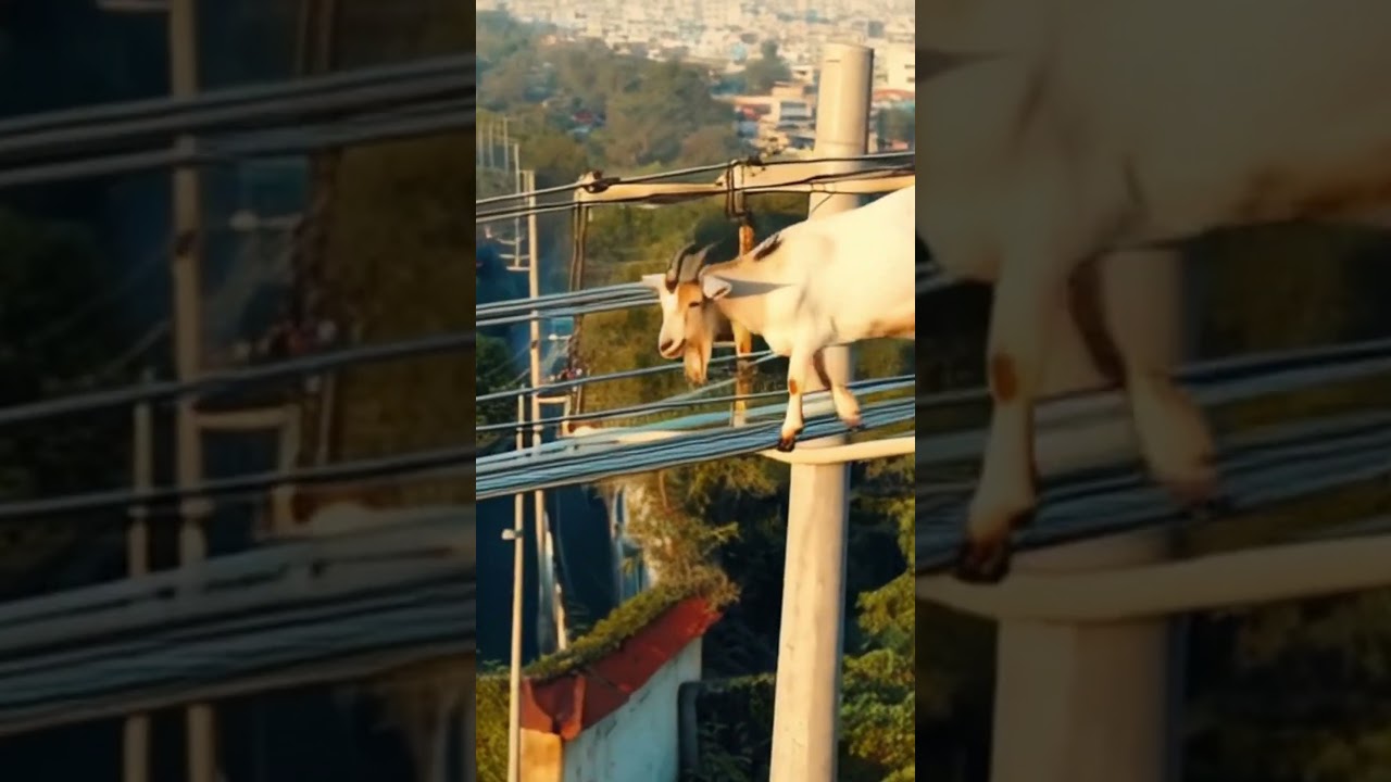 Goat Walking a Powerline Above Traffic