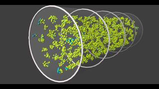 A simulation of helium atoms moving inside a nanopore