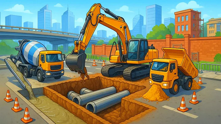 Installing Drainage Pipes – Excavator, Dump Truck and Cement Mixer at Work! 🚧🚜 | Construction Story