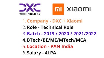 Dxc technology |  Associate Software Engineering | Xiaomi | Btech | BCA | 2021 | OFF CAMPUS