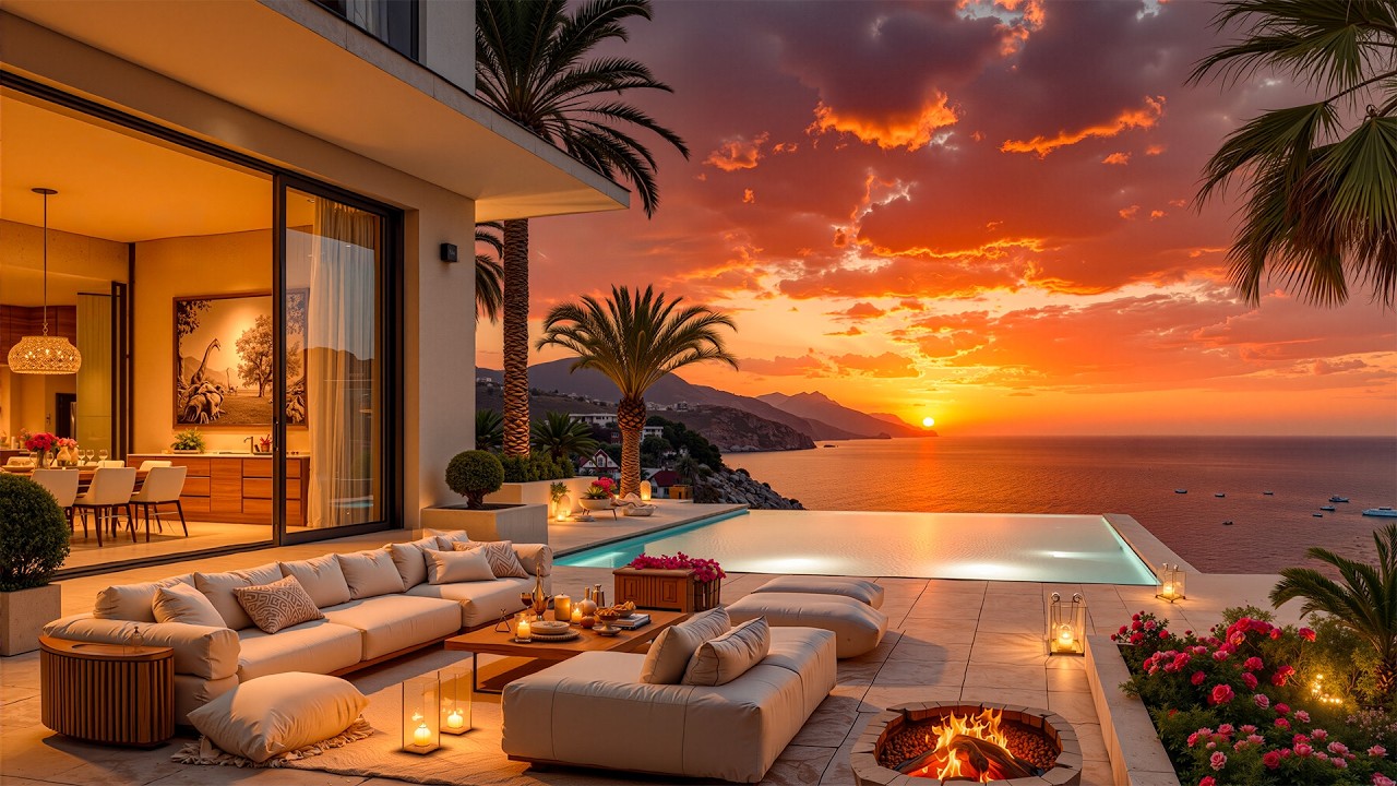 Melodious Jazz Music On A Luxury Beachfront Balcony At Sunset - Gentle Jazz & Ocean Waves For Chill