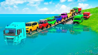 Download Lagu Triple Flatbed Trailer McQueen Transportation with Truck - Speedbumps vs Cars vs Train - BeamNG #17 MP3