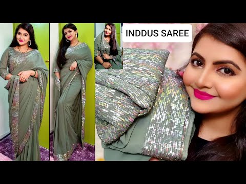 Inddus Olive Green & Silver Toned Poly Georgette Embroidered Banarasi Saree review | RARA | myntra