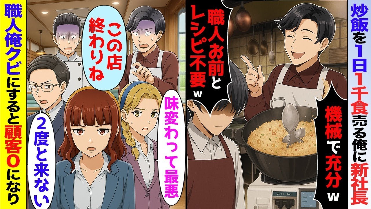 チャーハンを1日1000杯売る俺に2代目オーナー「機械で充分w」→秘伝のレシピ捨て退職するとクレーム殺到、リピーターも離れ【スカッと】【アニメ】【総集編】