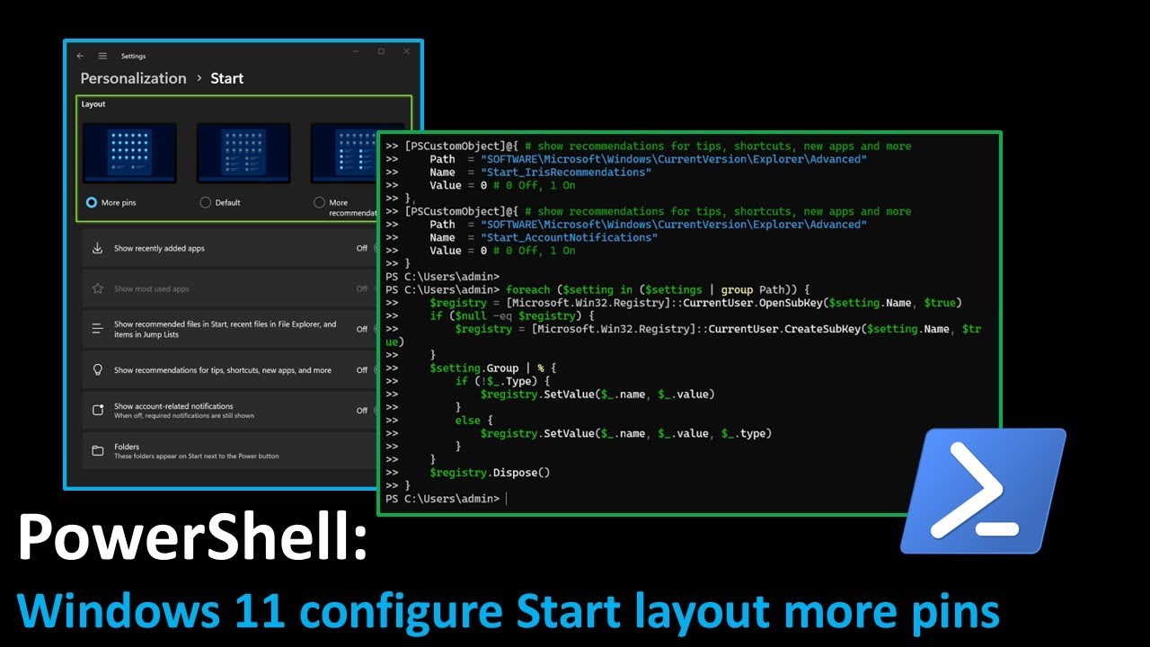 PowerShell: Windows 11 configure Start layout more pins - YouTube