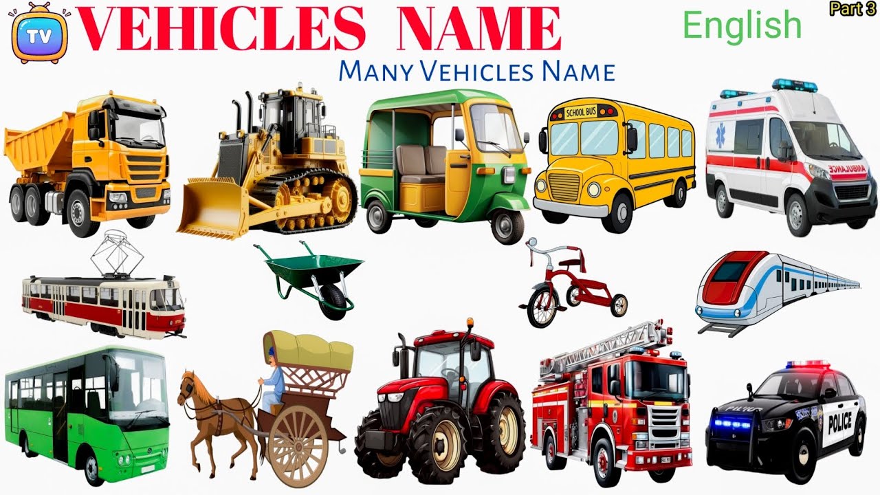 Vehicles Name for Kids 🚗 | Learn 20 Vehicles with Pictures and Sounds | Many Types Of Vehicles