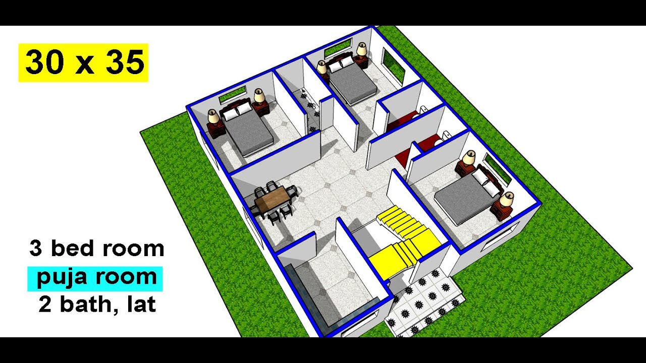 30 by 35 modern 3d floor plan design II 3 bedroom and puja room house ...