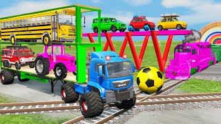 Flatbed Trailer Cars Transportation with Truck Rescue Bus - Cars vs Slide Color - BeamNG Drive