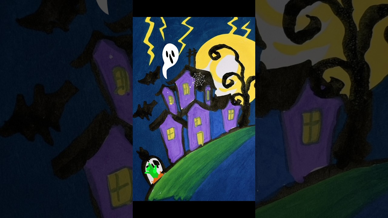 Haunted house drawing tutorial. 👻🎃🦇. Step by step easy drawing 