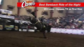 Bareback Rider Will Lowe with an 85-point ride at 2018 San Angelo Rodeo