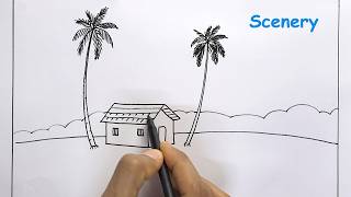 Village House and Coconut trees Scenery drawing easy | Scenery drawing Step by Step for Beginners