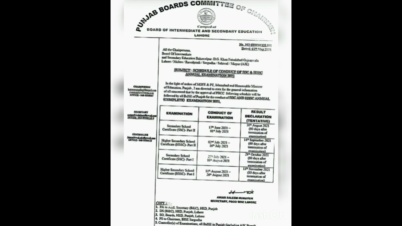 Matric & Inter Final Exams 2021 Revised Schedule