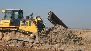 Incredible Bulldozer Pushing Soil And Dump Truck Unloading Soil - Powerful Machinery Working