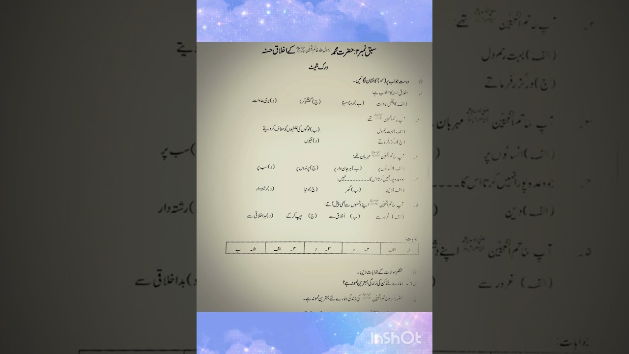 Class 2 _ Subject Islamiyat _Topic work sheet short question 