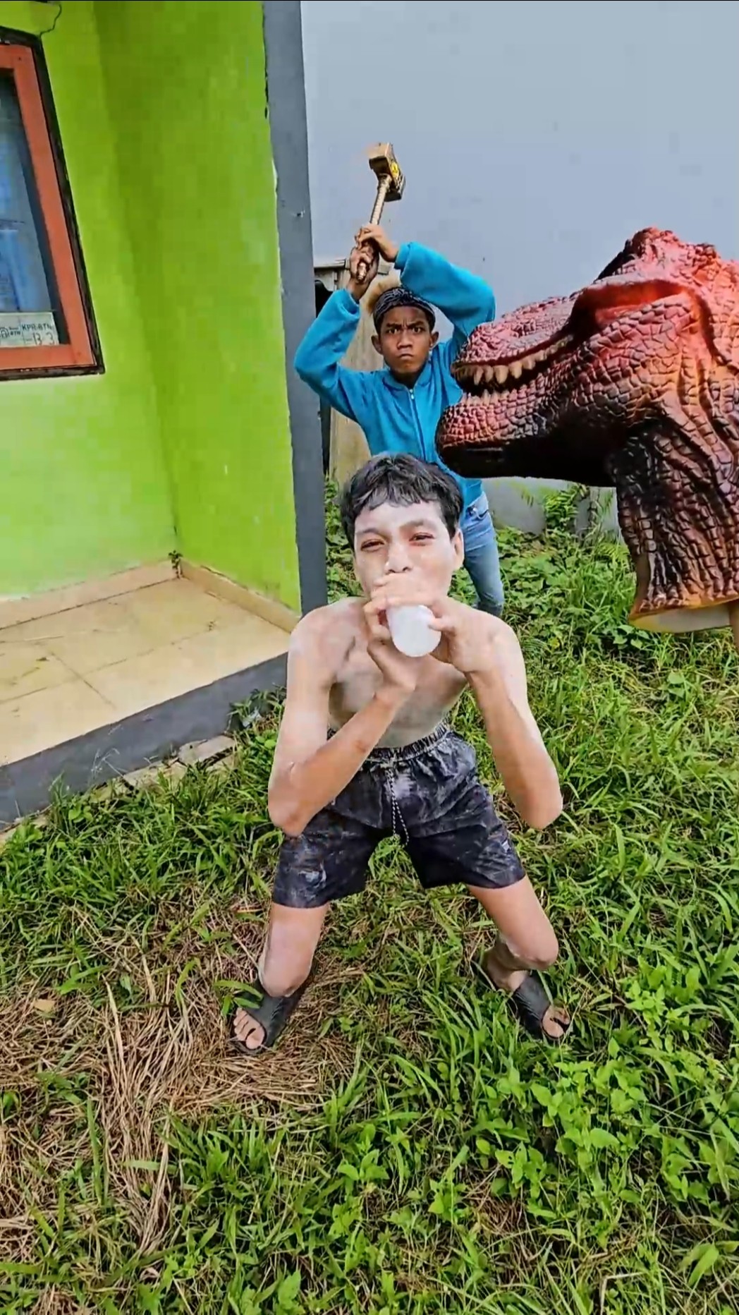 Drinking milk disturbed by dinosaurs