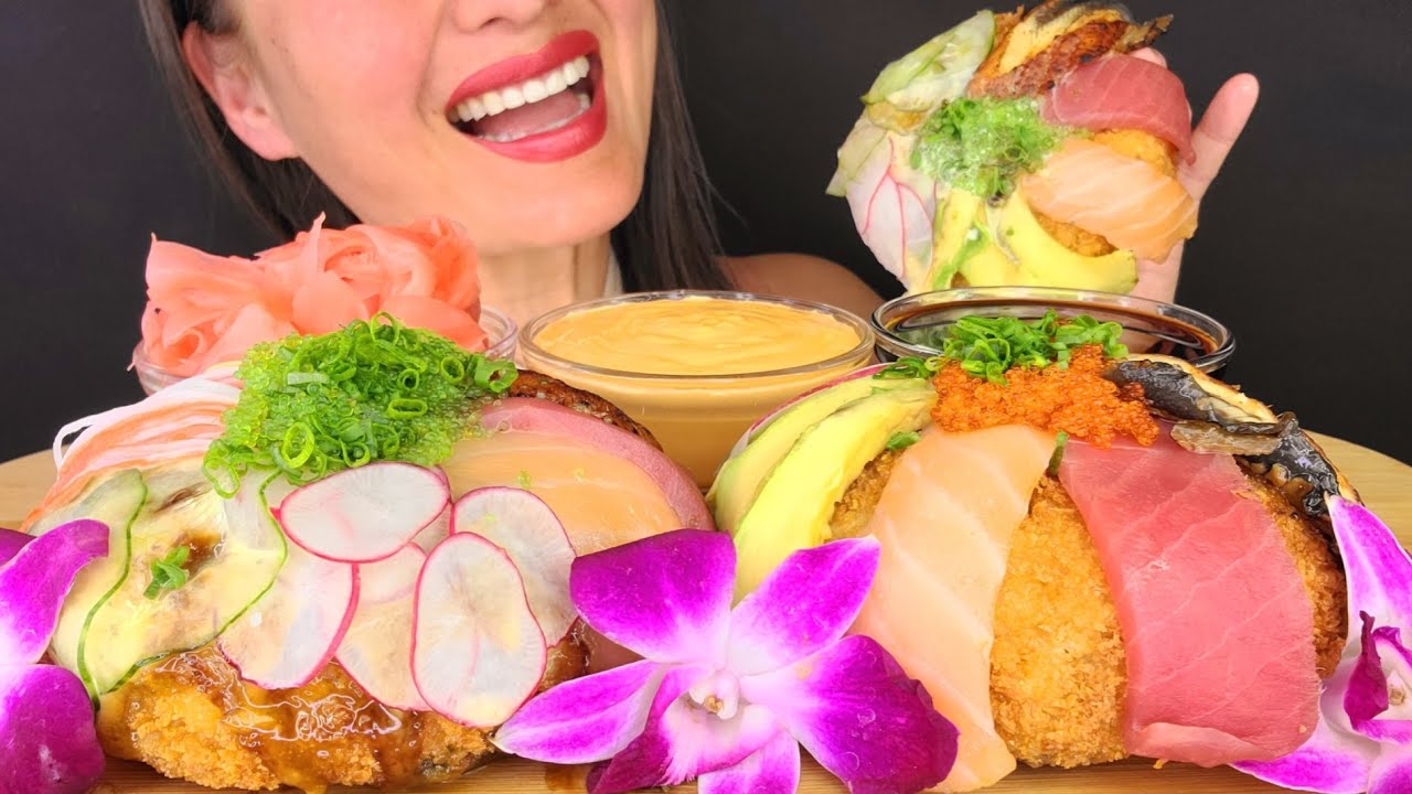 BEAUTIFUL FRIED SUSHI DONUTS!!  ASMR MUKBANG OMAD CRUNCHY MESSY EATING NOISES BIG BITES SEAFOOD