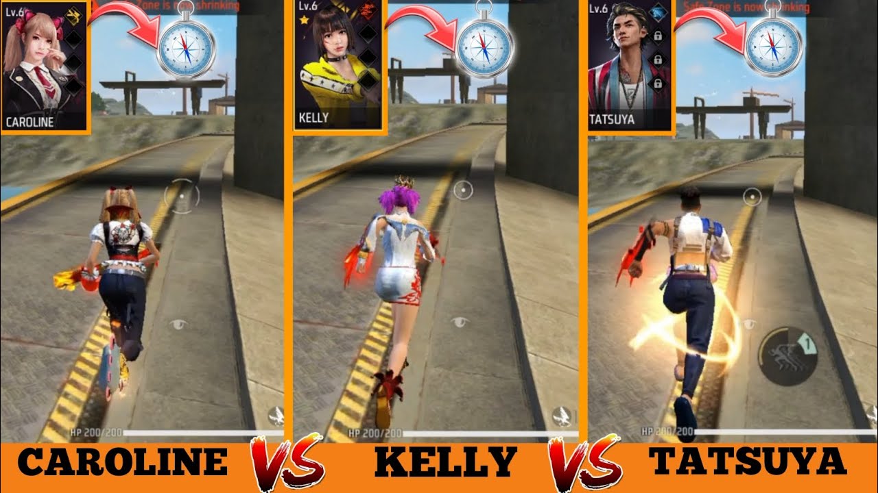 TATSUYA VS KELLY VS CAROLINE SPEED ABILITY TEST // NEW CHARACTER ABILITY TEST FREE FIRE