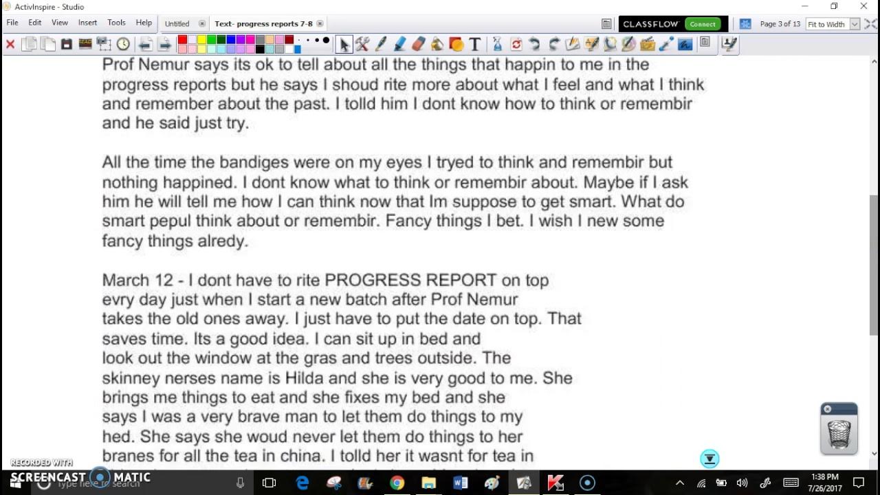 Flowers for Algernon Progress Report 7 audio YouTube