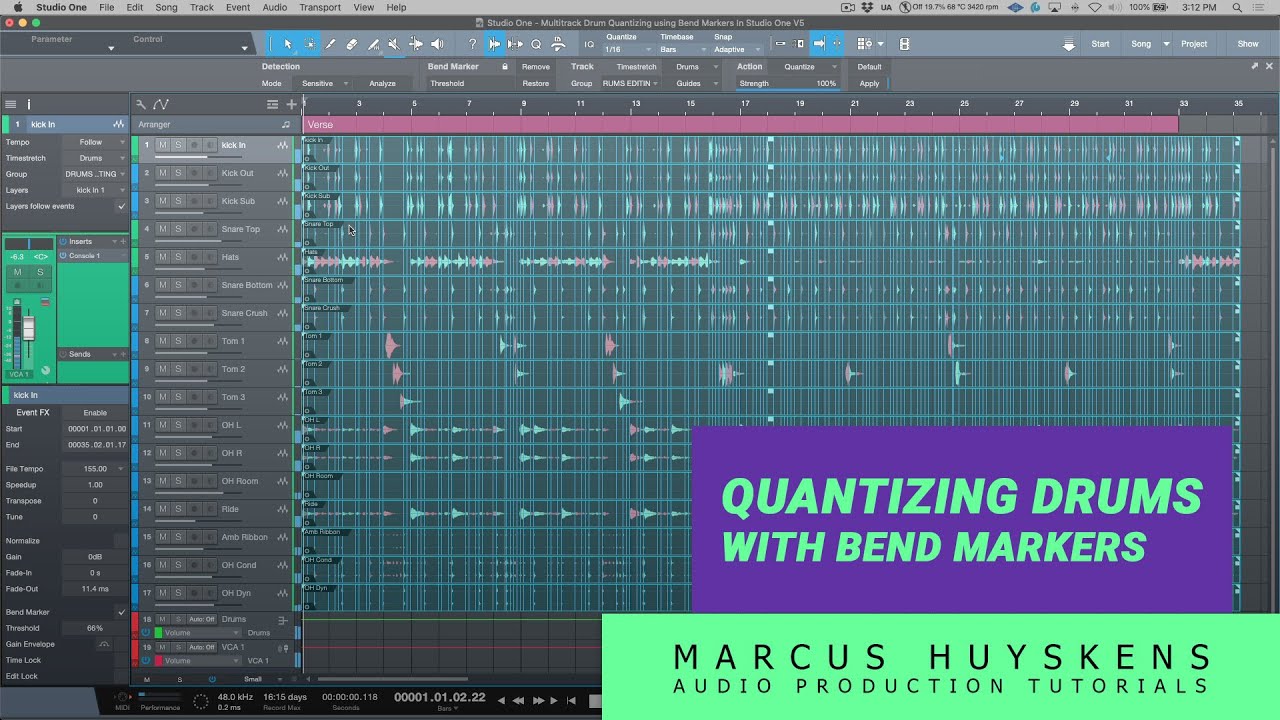 Quantizing Multitrack Drums using Bend Markers in PreSonus Studio One