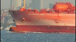 Large Oil Tanker and Container Ships In Bosphorus Strait In Turkey