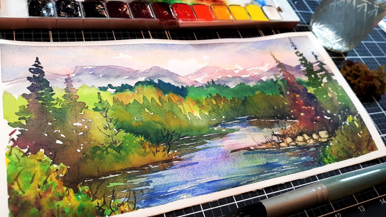 Easy Watercolor PaintAlong! Glowing Mountain Landscape YouTube