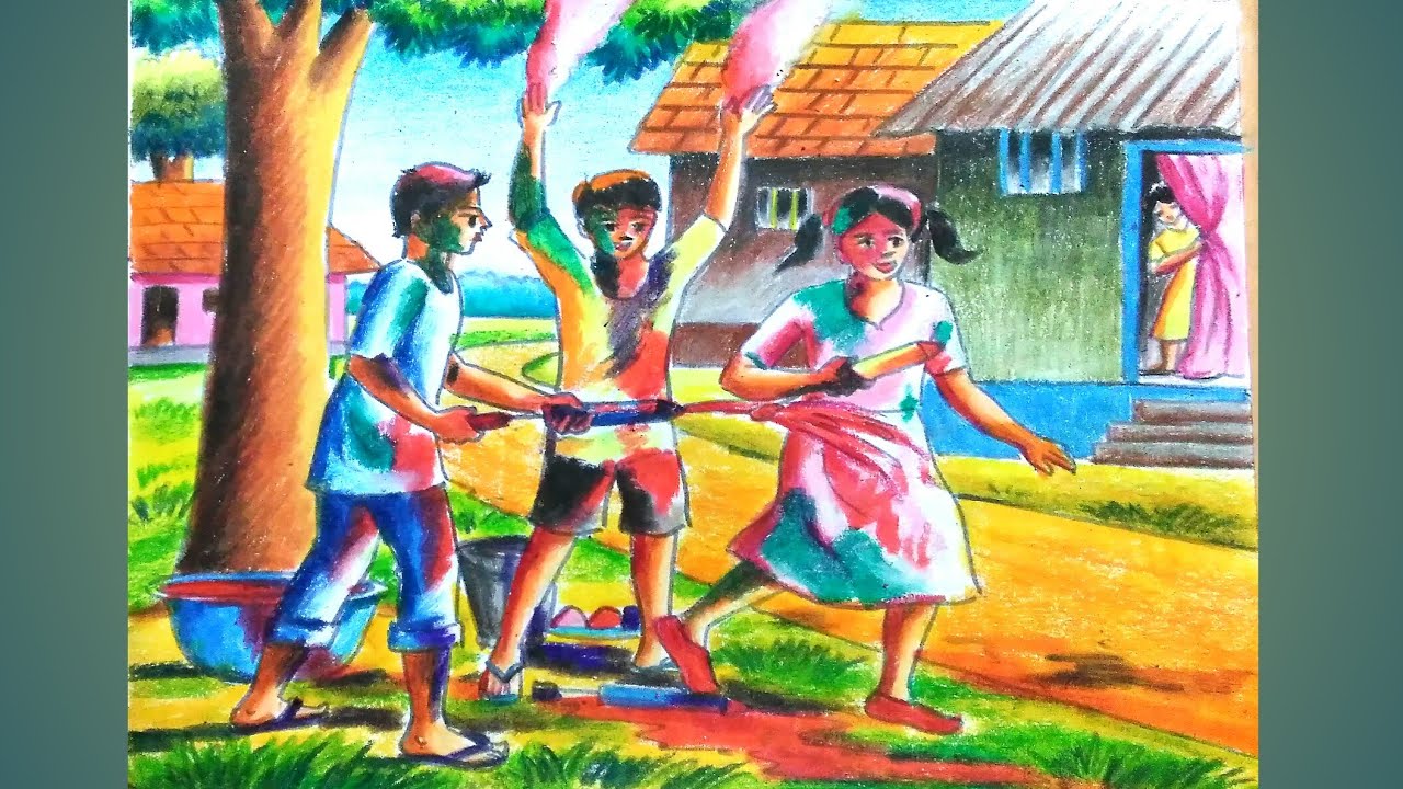 How To Draw A Holi Festivalholi Festival Drawing With Oil Pastels