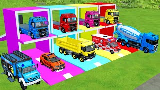 TRANSPORTING EXCAVATOR, MIXER TRUCK, BULLDOZER, POLICE CARS TO GARAGE WITH GARBAGE TRUCK - FS22