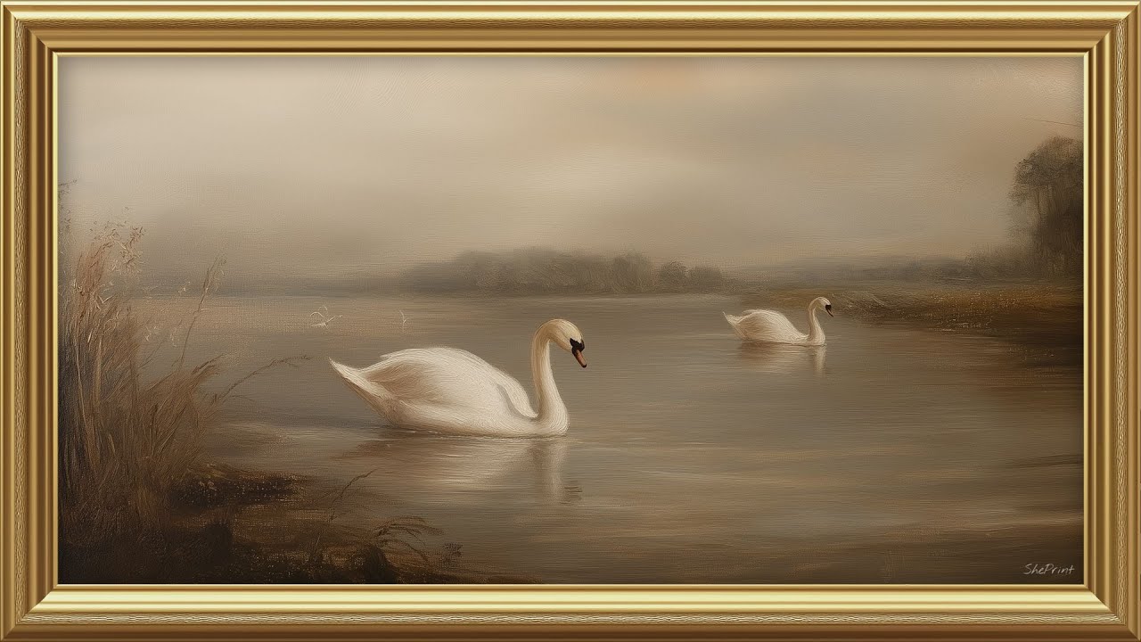 Sunset With Swans | Summer Moody Vintage Landscape Art | 2H Frame TV Screensaver