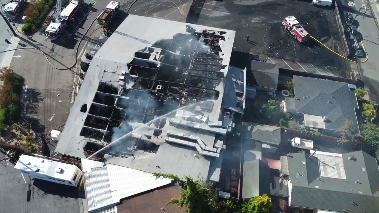 (Drone footage)Sadly, last night, the Lake Chabot Public market burnt down on Lake Chabot Boulevard