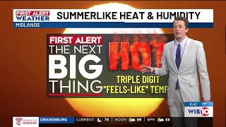 Summerlike heat and humidity continues with a few storms later today