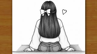 Girl Backside Drawing - sitting  | Easy Girl Drawing | Pencil Sketch | pictures | chitra 
