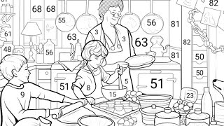 warm atmosphere in the kitchen when a grandmother and two children cook together | Coloring Games screenshot 4