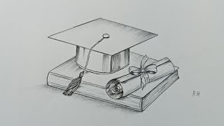 رسم كتاب مع قبعة التخرج المدرسية بمناسبة النجاح في العام الدراسي بقلم الرصاص/رسم كتاب بقلم الرصاص